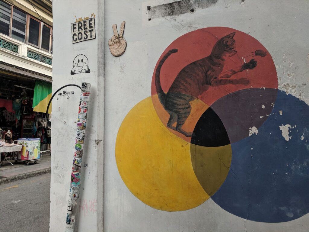 a painting on a wall of a cat in coloured balls