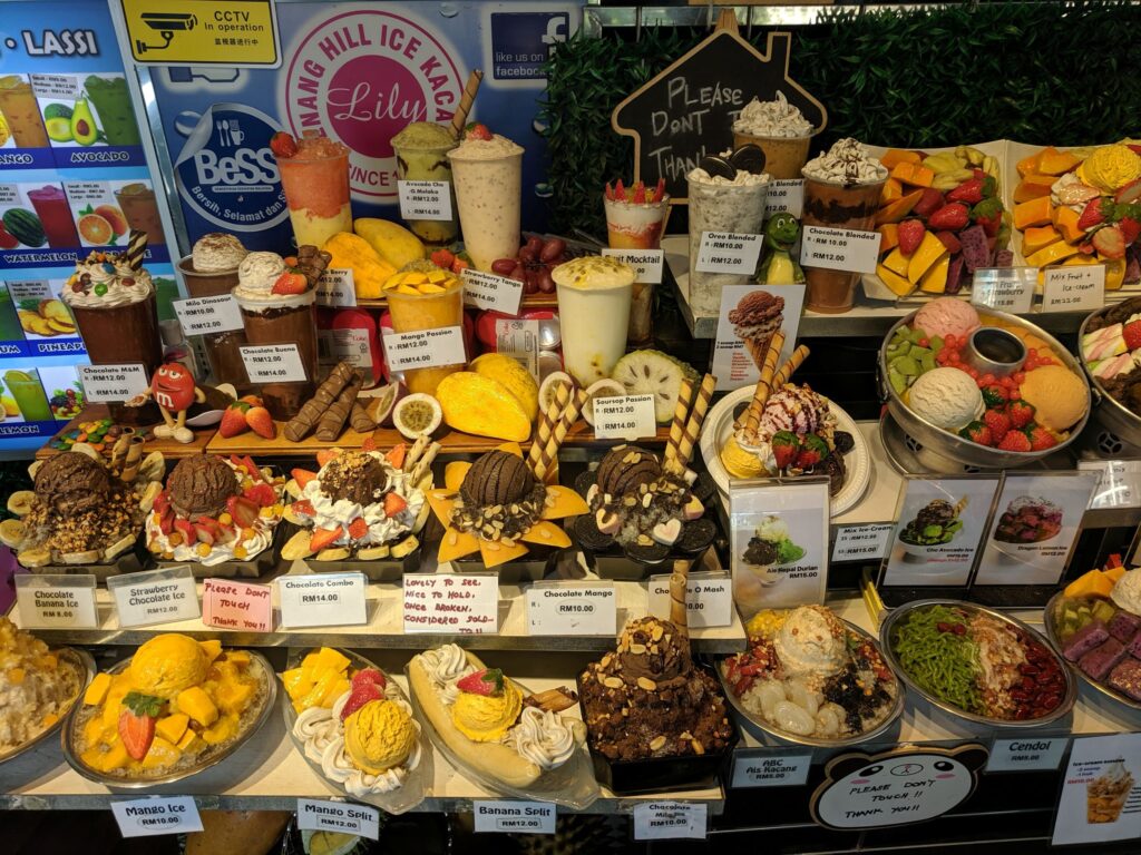 A display of plastic versions of dessert - a visual menu