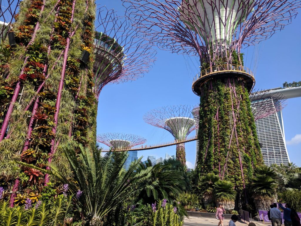four towers with plants growing up them, feature in a city garden