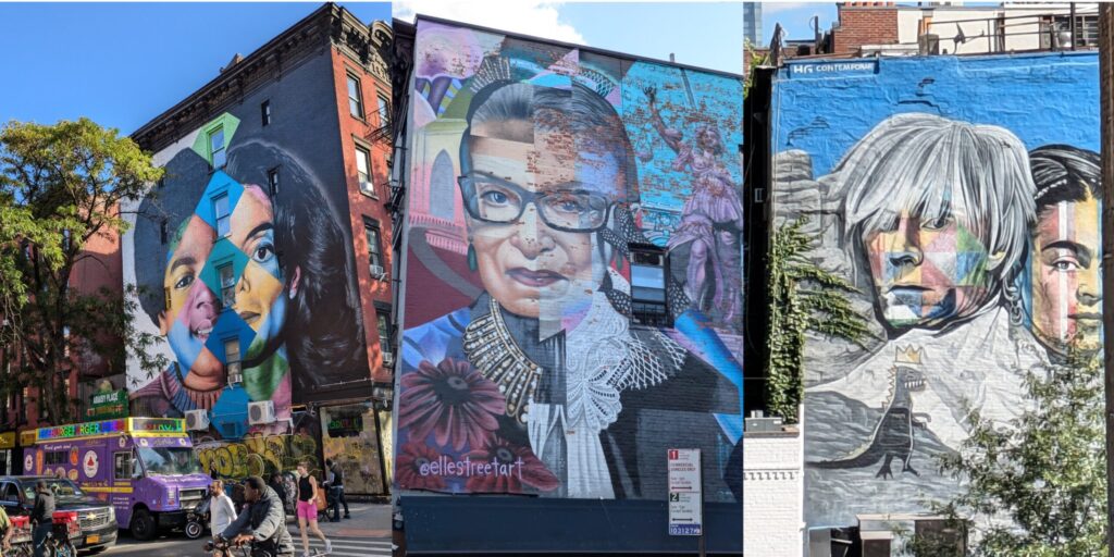 3 large painted murals of Michael Jackson, Ruth Bader Ginsberg, David Bowie and Freda Kahlo