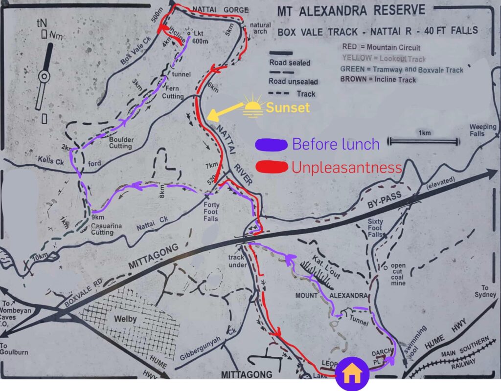 A map of a national park with a hand drawn path of a bushwalk