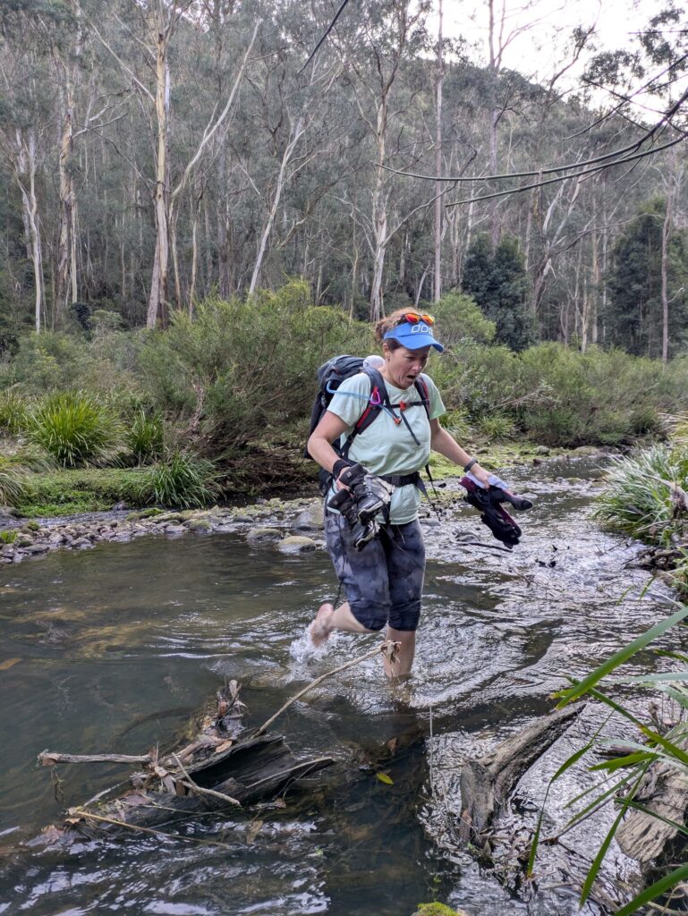 A woman wading through a cold creek carrying her shoes