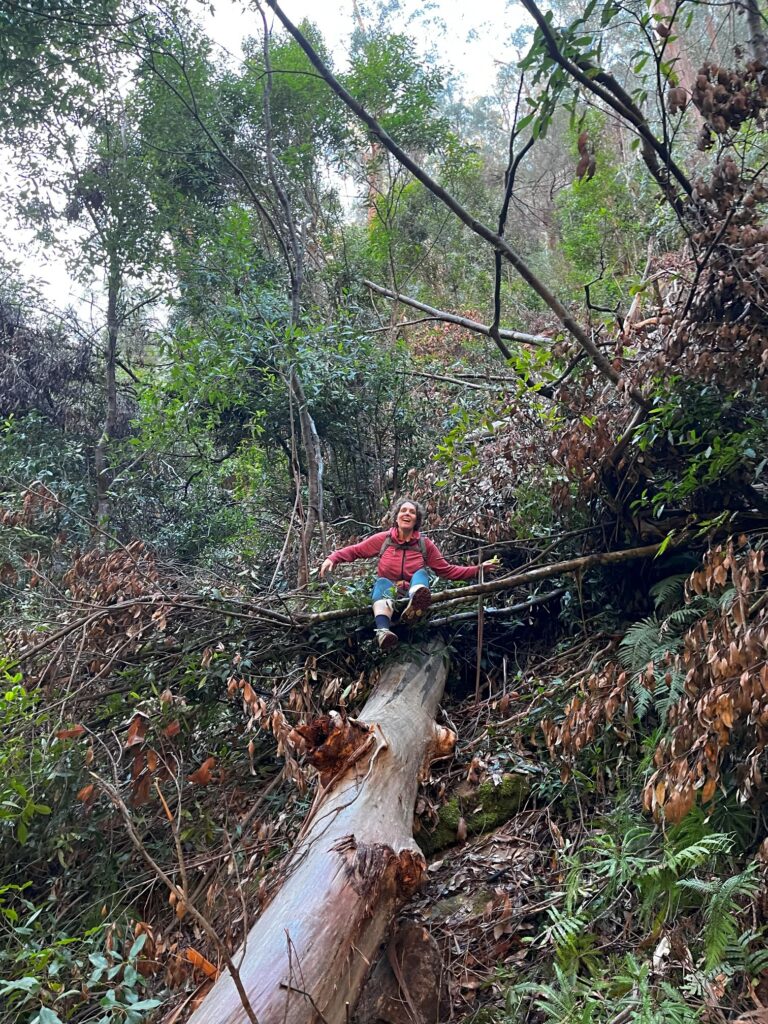 A woman climbing over river debris