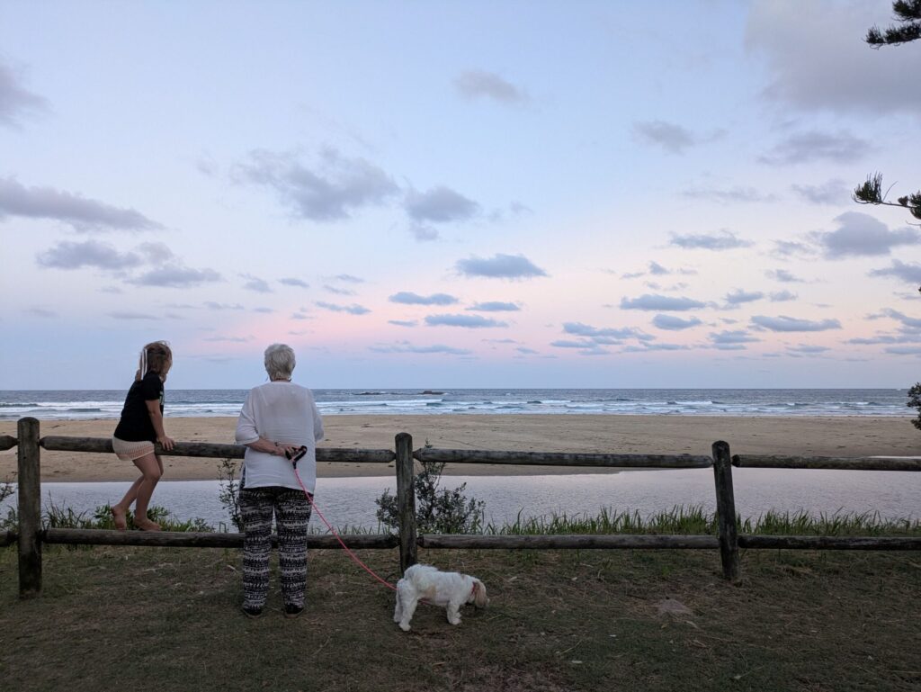 A child, a woman and a dog watching a colourful sunset over a beach