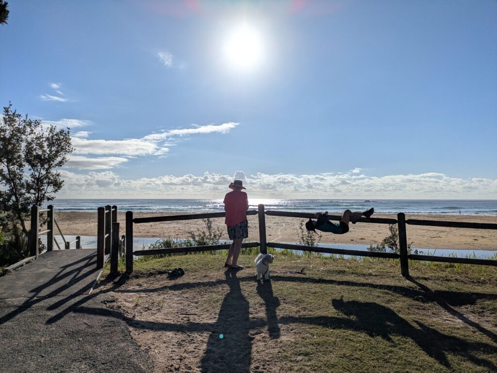 A child, a woman and a dog watching sunrise at a beach