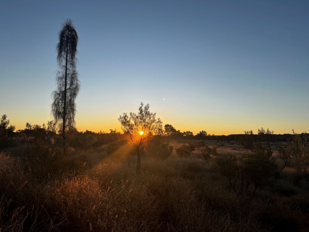 A colourful sunset over a sparse desert landscape