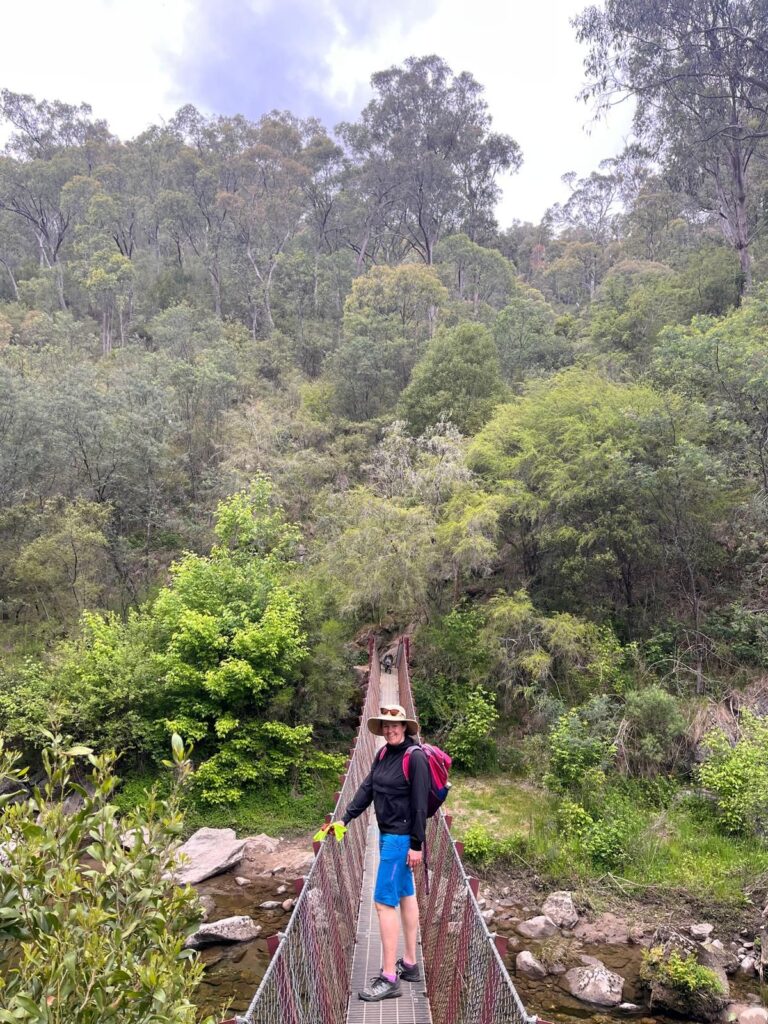 A woman and her dog walking across a swinging bridge over a small creek