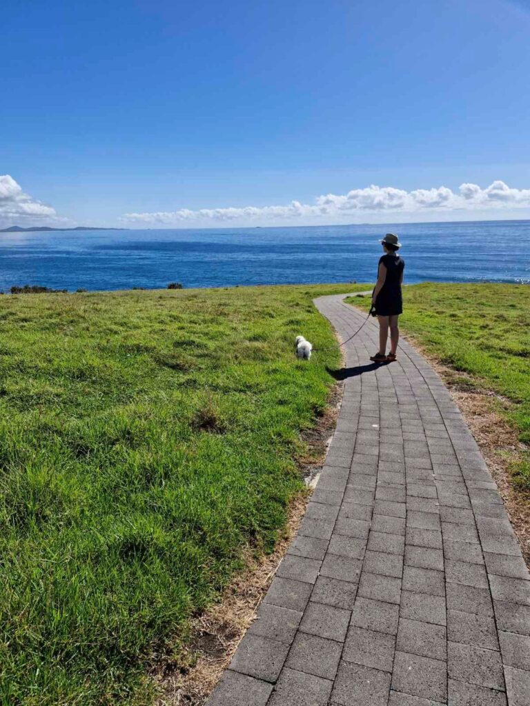 A woman and a dog on a path looking out to the ocean