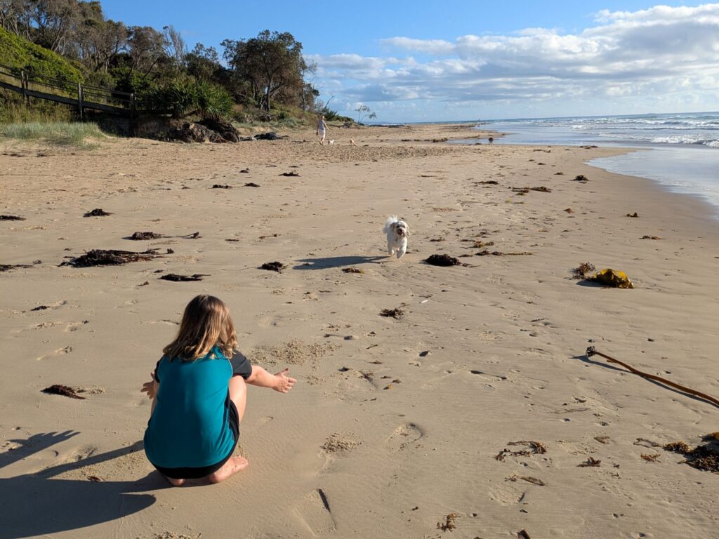 A child squatting on a beach with a dog running towards her