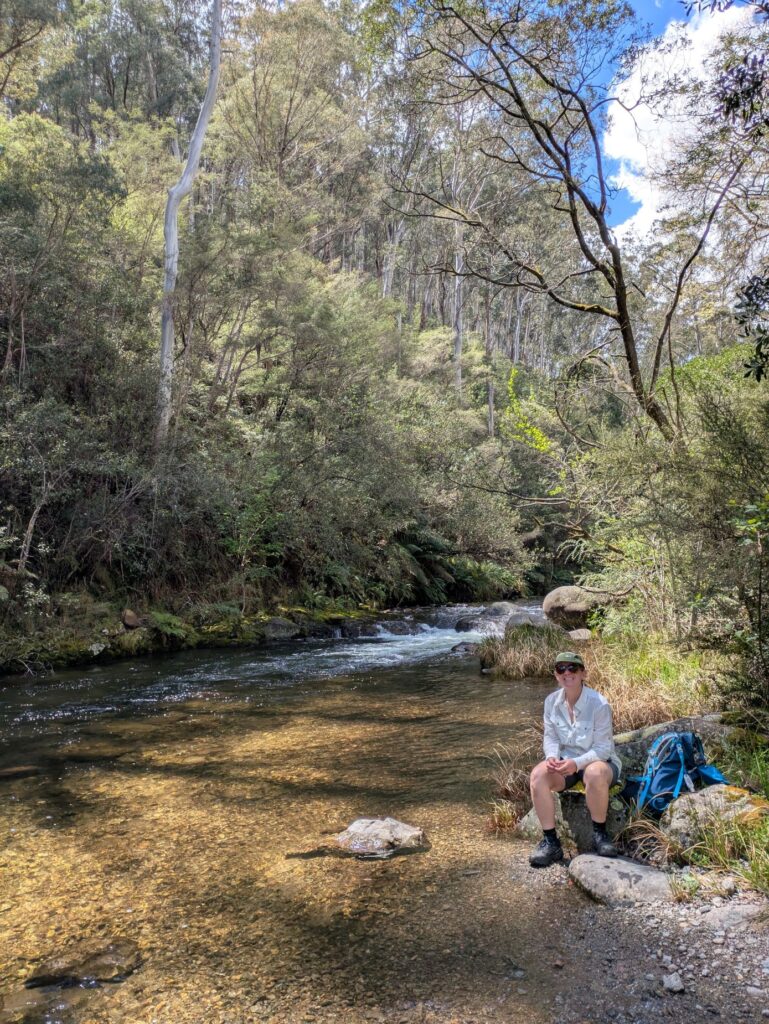A woman sitting on a rock by a crystal clear creek in the Australian bush