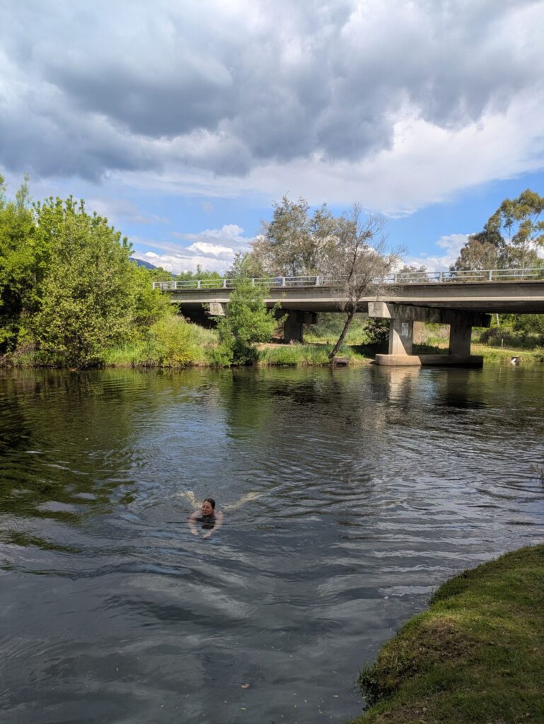 A woman swimming in a river with a bridge in the distance and trees along the river's edge
