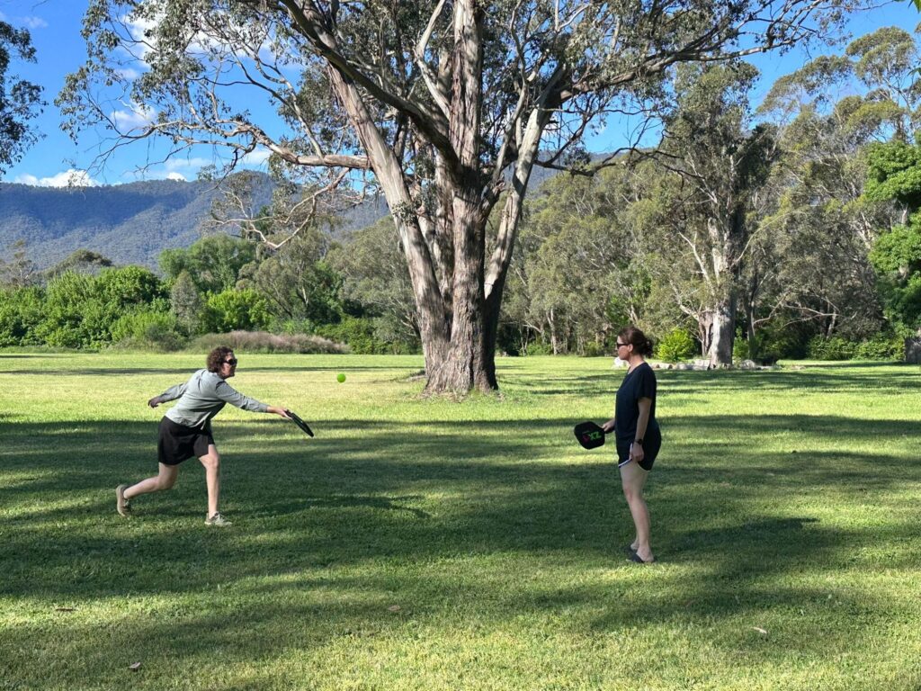 Two friends hitting a ball to each other in a green field with trees around