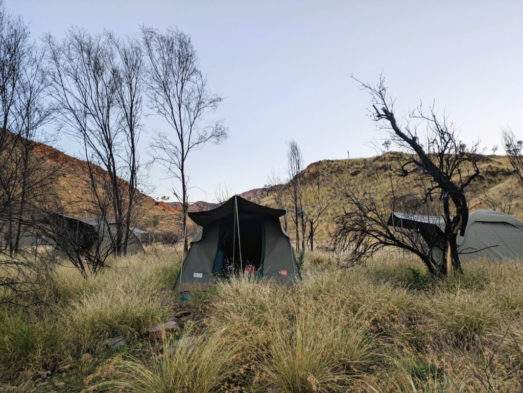 A group of tents set up facing different ways to maximise privacy of the residents in long grass in a valley surround by low rocky outcrops