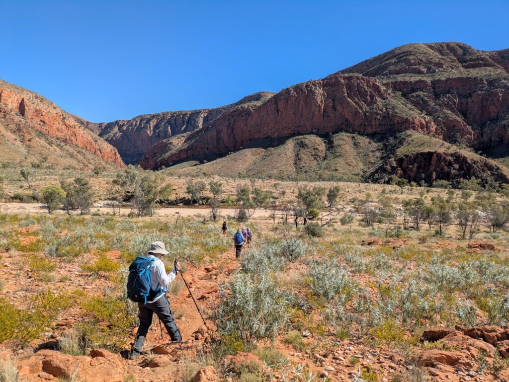 A group of hikers walking away from the camera, following a trail towards a large rock formation