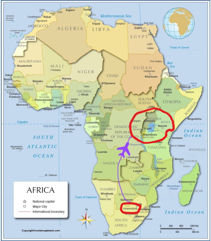 A map of Africa with red circles around the areas the author visited