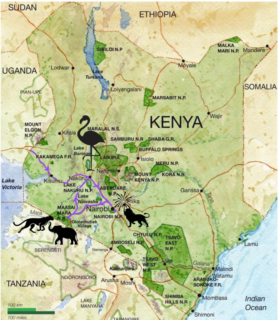 A map of Kenya with a purple line representing where the author traveled