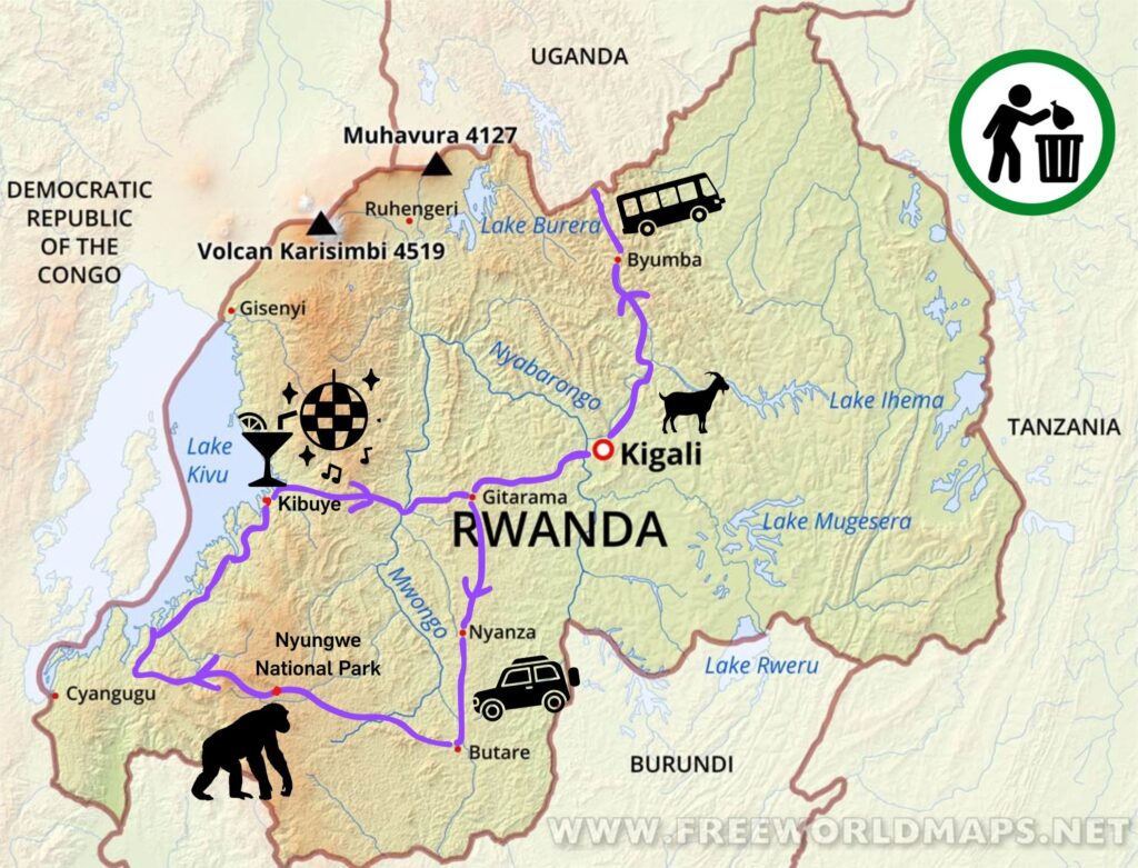 A map of Rwanda with a purple line representing where the author traveled