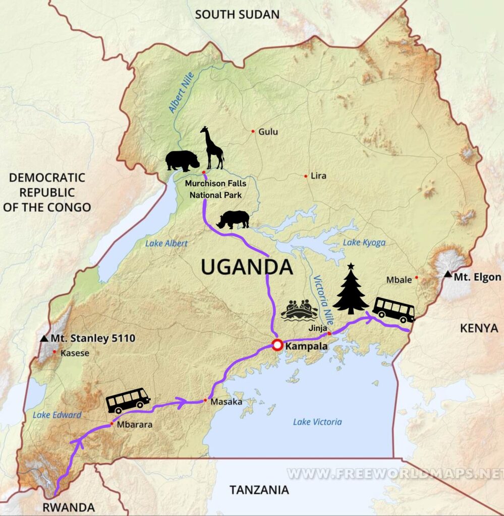 A map of Uganda with a purple line representing where the author traveled