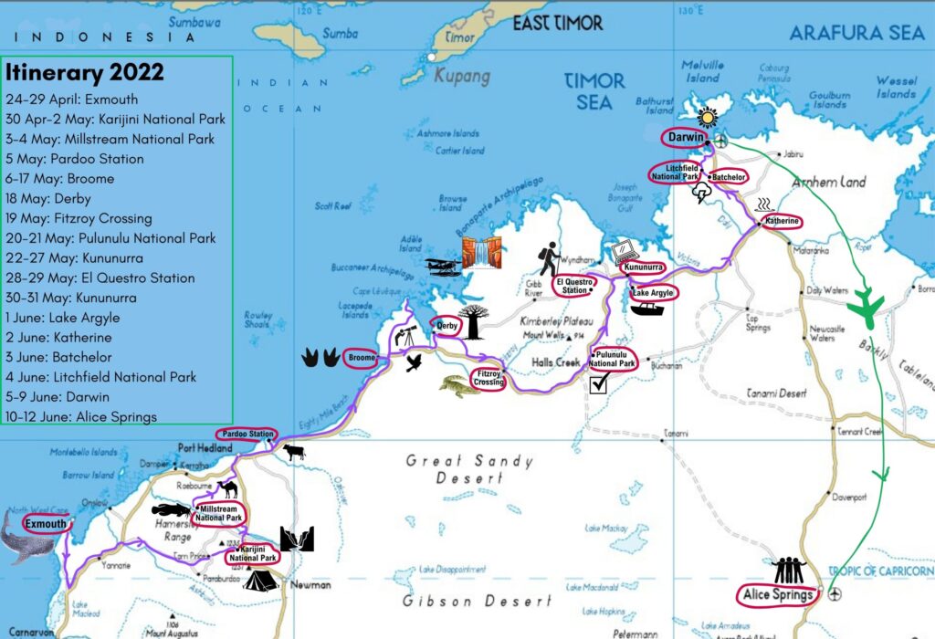A map of north western Australia with towns circled and images included to show where the traveler was