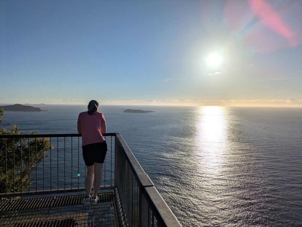 Looking from behind, a woman at a lookout at sunrise looking into the distance over the ocean