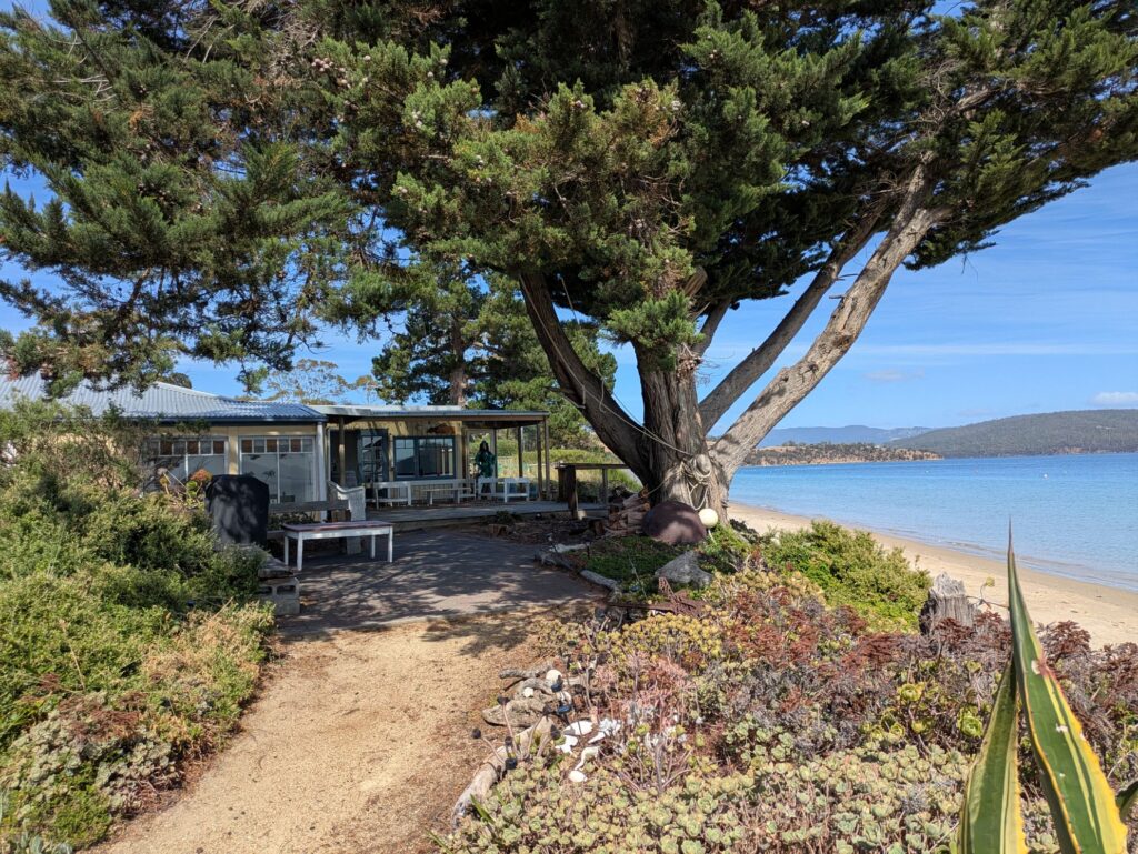 Walking up a path leading to a beach front shack with a large tree dominating the scene