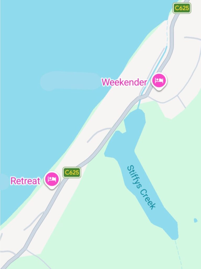 A screenshot of Google Maps showing a creek shaped like an erect penis called Stiffys Creek