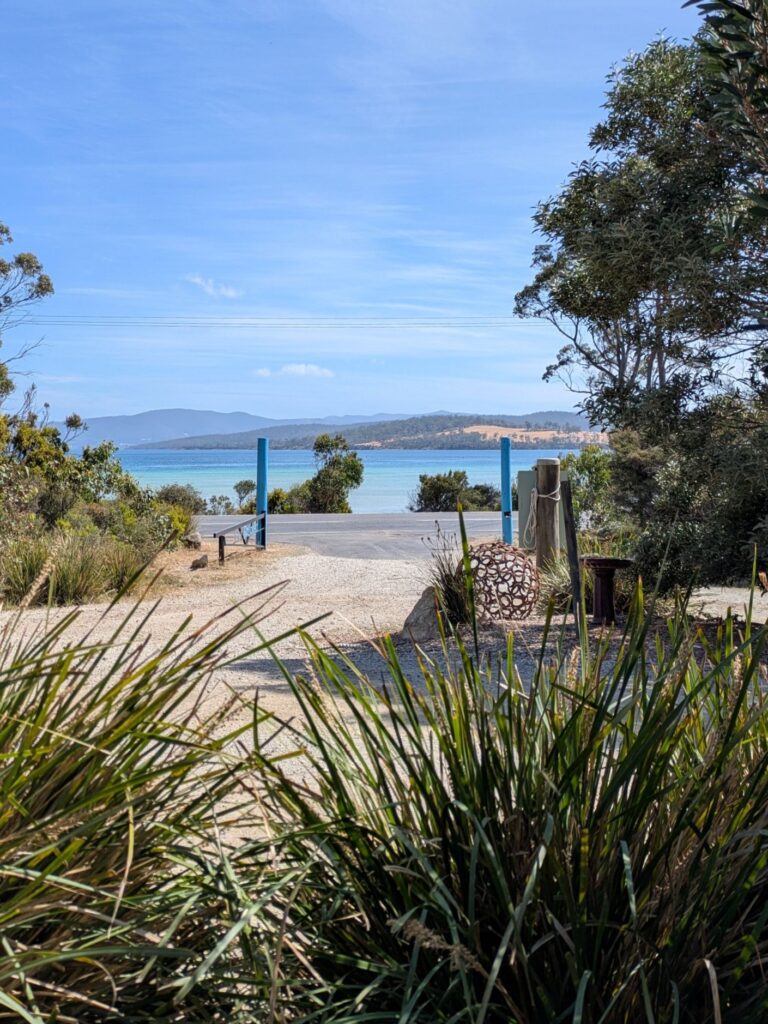 Looking out a driveway from behind a low hedge to a sparkling blue ocean on a bright sunny day